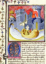 Ms 3480 Knight flyr från ett slott med hjälp av en dam, från Livre de Messire Lancelot du Lac