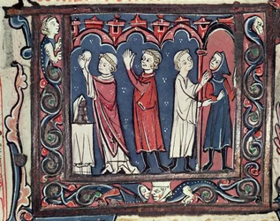 Ms 364 fol.111 Scen för bannlysning, från Decretales av Jean Andre, 1200-1300-talet