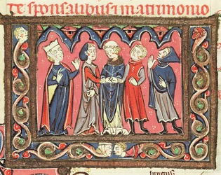 Ms 364 fol.166 Ett äktenskap, illustration från Johannes Andreaes kommentarer om påvliga dekret