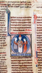 Ms 365 fol.318v Historikerad initial D som visar ett äktenskap, från Gregorius IX:s dekreter
