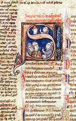 Ms 365 fol.350 Historikert initial S föreställande påven Gregorius IX (1220-50) med biskopar och abbotar, från Gregorius IX:s dekreter