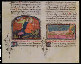 Ms 3682 Halshuggningen av St. Processus och St. Martinian och St. Erasmuss martyrskap, från Legenda Sanctorum Aurea av Jacques de Voragine