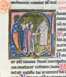Ms 36 Historikert initial C som föreställer en munk som läser ett missal, från en latinsk bibel