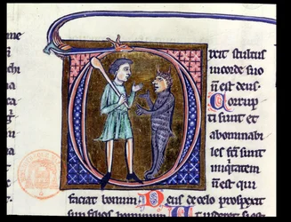 Ms 36 Historikerad initial D som föreställer en man med djävulen, från en latinsk bibel