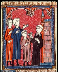 Ms 372 f.53r Ett barn fört till ett kloster av sina föräldrar, från Decrets de Gratien