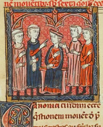 Ms 372 fol.1v Monetär reglering, från Decrets de Gratien