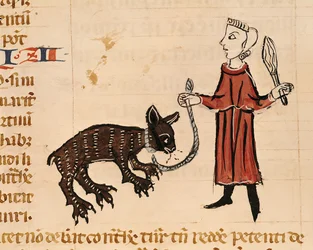 Handskrift 372, fol. 241v: En björnförare, ur Gratians dekret