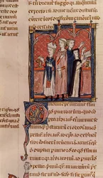 Ms 372 fol.59v En nunna som avlägger sina löften och mässa utförd av en biskop, från Decrets de Gratien (se 181276 för detaljer)