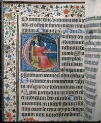 Ms 376 King David spelar ett klockspel, illustration från en psalter, tidigt 1400-tal (vellum)
