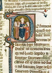 Ms 376 f.320 Historikerad initial D som visar en präst som välsignar ett äktenskap, från Les Gregoriennes