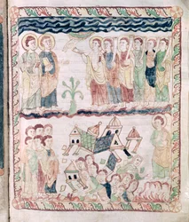 Ms 386 fol.25r Änglar med trumpeter och jorden som skakar, från Johannes Apokalypsen