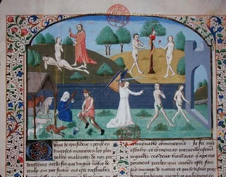 Ms 3878 Evas skapelse, frestelsen och utdrivningen av Adam och Eva, från 