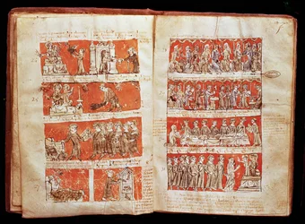 Ms 408 Scener från livet för eleverna i College of The Blessed Virgin i Paris, från stadgarna för College of Hubant, 1387