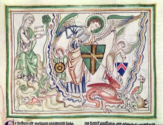 Ms 422 fol.47v St. Michael dödar draken, från en apokalyps