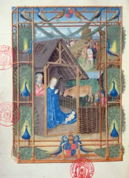 Ms 473 Jesu födelse med påfåglar, miniatyr ur Karl av Frankrikes tidebok, omkring 1466-69