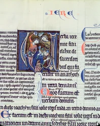 Ms 48 fol.95v Historikerad initial V som föreställer steningen av profeten Jeremia