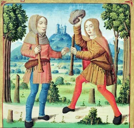 Ms 493 f.10v The Shepherds Dametas och Menalcas utmanar varandra till en musikalisk tävling, från The Eclogues av Virgil med en kommentar av Servius, 1469