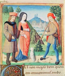 Ms 493 f.9 Firandet av barnet som kommer att återställa guldåldern på jorden, från The Eclogues av Vergilius med en kommentar av Servius, 1469