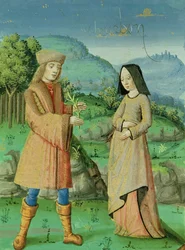 Ms 493 fol.123v Möte mellan Aeneas och Anne, Didos syster, från Aeneiden med kommentarer av Servius, 1469