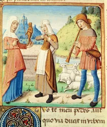 Ms 493 fol.15v Herden Menalcas och hans obesvarade kärlek, från The Eclogues av Vergilius med en kommentar av Servius, 1469