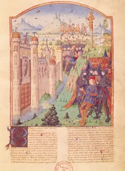 Ms 493 fol.1r The Works of Virgil med kommentar av Servius, The Bucolics, King som sitter på sin tron omgiven av sina vakter framför en befäst stad, Frankrike, 1469