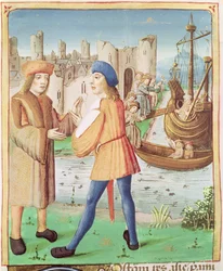 Ms 493 fol.87 Aeneas avgång, från Aeneiden av Vergilius med en kommentar av Servius, 1469