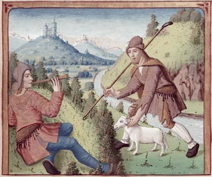 Ms 498 f.3v Tityrus möter Meliboeus, från The Eclogues av Vergilius med en kommentar av Servius, 1469