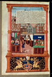 Ms 5062 fol.149v En gata med butiker och vapenskölden av Robert Stuart, marskalk av dAubigny Lucrece, från Livre de Gouvernement des Princes av Gilles de Rome
