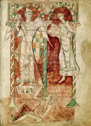 Ms 50 Fol.1v Copyisten presenterar sin bok för St. Michael, från Recognitiones av Saint Clement
