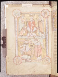 Ms 512 fol.4v St. Gregory the Great (c.540-604) mellan hans far, Gordien, och hans mor, Silvia och en drunknad man som en ängel, från Liber Pastoralis