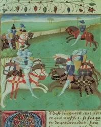 Ms 527 f.5v Teaching Knights to Joust, from Roman du Saint Graal