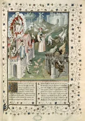 Ms 55 t.2 fol.3 Guds stad, staden Caen och lasternas stad, från La Cite de Dieu av St. Augustinus av Hippo (354-430) översatt av Raoul de Preles (1316-82)
