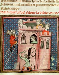 Ms 59 fol.17r Konstruktionen av Babels torn, från Bible Historiale av Guiart des Moulins