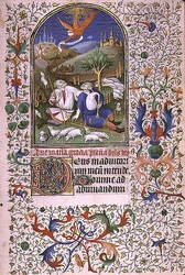 Ms 66 f.48r Angel visar sig för två herdar, Amiens (vellum)