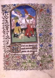 Ms 69 f.52r Två änglar som visar sig för herdarna, från Besancons timbok (vellum)