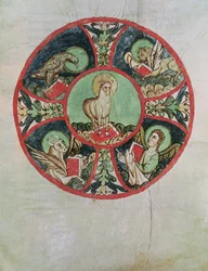Ms. 69 fol.138v Guds lamm omgivet av evangelisternas symboler