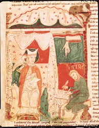 Ms 70 f.57 Påven Gregorius I den store (ca 540-604) dikterar Jobs bok till sin skrivare Peter, från Moralia in Job av påven Gregorius den store