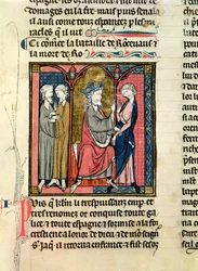 Ms 782 f.152r Charlemagne (742-814) skickar Ganelon till Saragossan Kings, Marsile och Baligant, från Chroniques de Saint-Denis, ca 1275