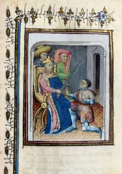 Ms 814 Charles V (1338-80) återlämnar Högkonstapelns svärd till Bertrand du Guesclin (ca 1320-80) från Histoire de Du Guesclin efter dikten av Cuvelier, tidigt 1400-tal
