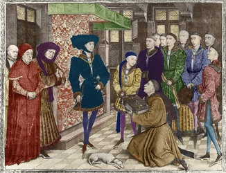Ms 9242 Hainaut Chronicles, Filip den gode, hertig av Bourgogne, presenterad med översättningen av krönikorna av Jean Vauquelin, Karl den djärve som barn till vänster (senare färgläggning)