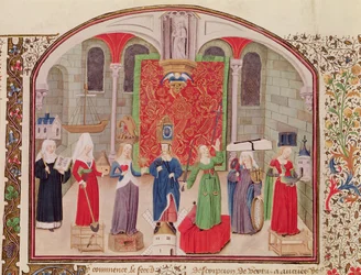 Ms 927 Fol.17v Theological and Cardinal Virtues, from Ethics, Politics and Economics av Aristoteles (384-322 f.Kr.)
