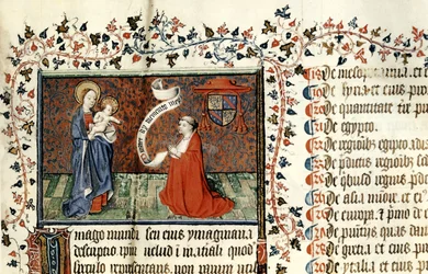 Ms 954 Pierre dAilly (1350-1420) biskop av Cambrai, före Jungfrun, från Oeuvres av Pierre dAilly, ca 1416