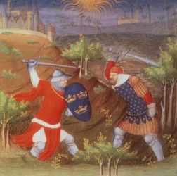 Ms Arsenal 5077 f.298 Kung Arthur slåss mot en romersk general, från ett manuskript av Historier, av Boucicaut-mästaren