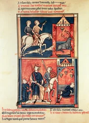 Fr 1098 En svensexa och en kung, möjligen Dagobert I (632-39) på sin tron, från St. Denis Life and Miracles
