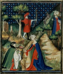 Fr 12420 fol.139v. Berättelsen om Procris, från `De Claris Mulieribus, från Giovanni Boccaccios verk (1313-75)
