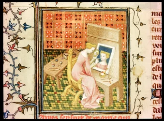 Ms Fr 124220 fol.101v St. Marcia (d.632) Målar ett självporträtt, från De Claris Mulieribus, från , av Giovanni Boccaccio (1313-75)