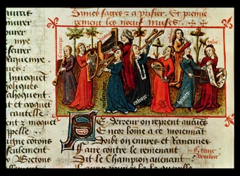 Ms Fr 12476 Fol.109v De nio muserna från Le Champion des Dames av Martin le Franc (1410-61) 1451