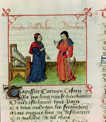 Fr 12476 fol.98 Guillaume Dufay (d.1474) och Gilles Binchois (d.1460) från Le Champion des Dames av Martin le Franc (1410-61) 1440