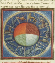 Ms Fr 135 Fol.285 Jordens fyra element med zodiakens tolv tecken, från Des Proprietez des Choses av Barthelemy lAnglais, 1445-50