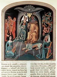 Ms Fr. 143 f.136v Hades och Persefone sittande i underjorden på en tron i form av ett örnhuvud med Cerberus framför dem (pergament)